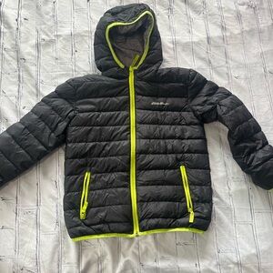 Eddie Bauer Black Neon Green Down Puffer Jacket Hoodie Full Zip Women’s Small